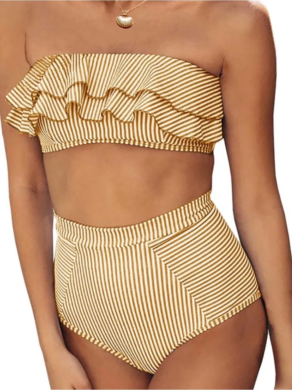 Striped High-Waist Ruffle Bikini Top and Bottom - Cream & Tan